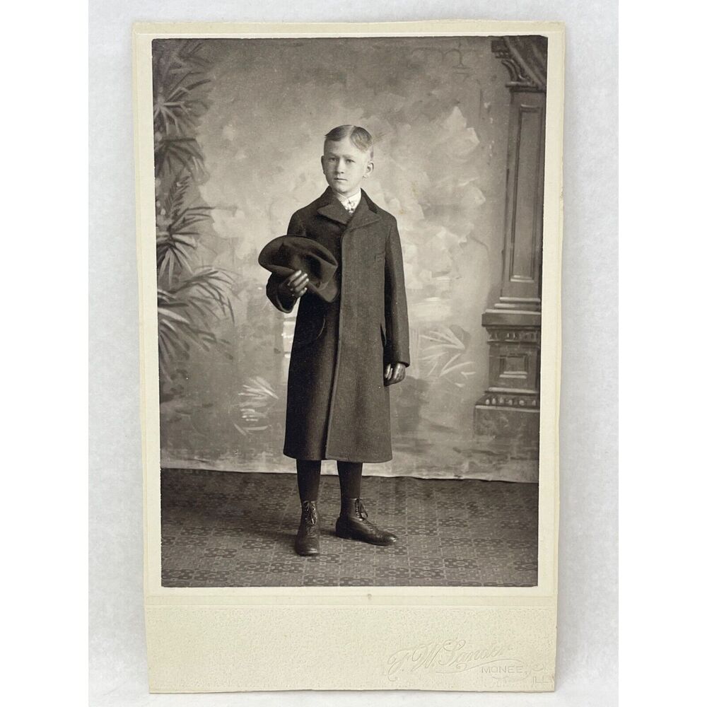 1800s Antique Boy in Dress Coat  Hat Black‎ White Cabinet Card FW Sander